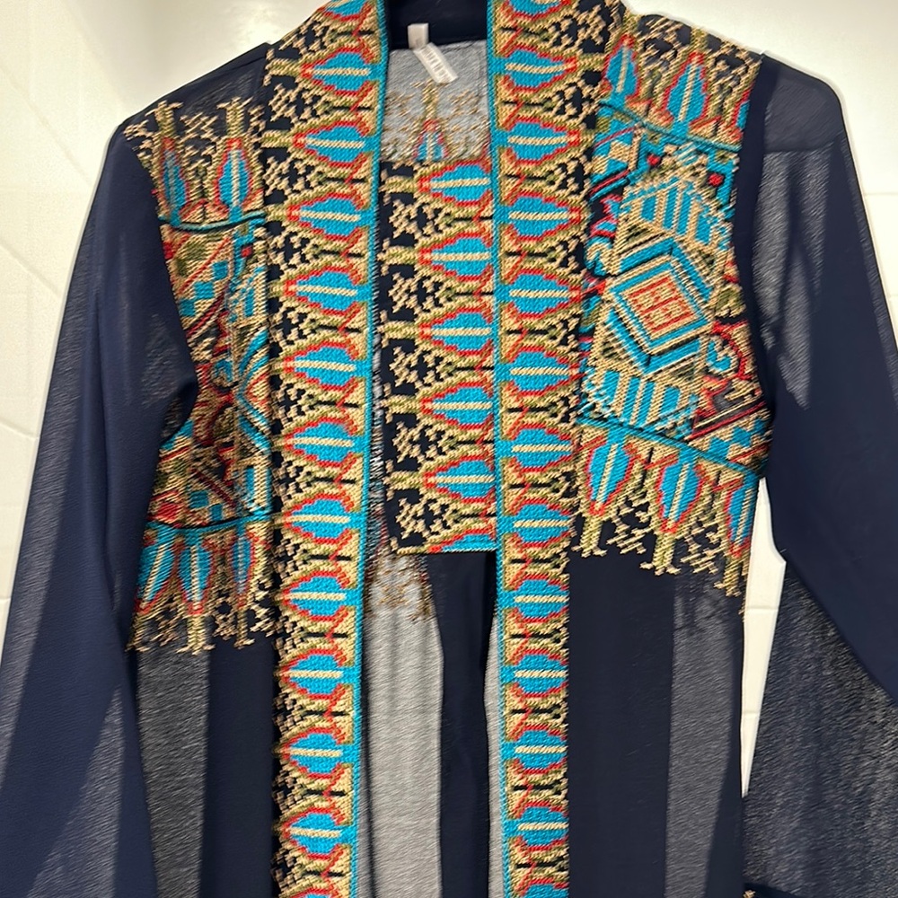 Navy blue embroidered  long sleeve open Abaya with matching belt
